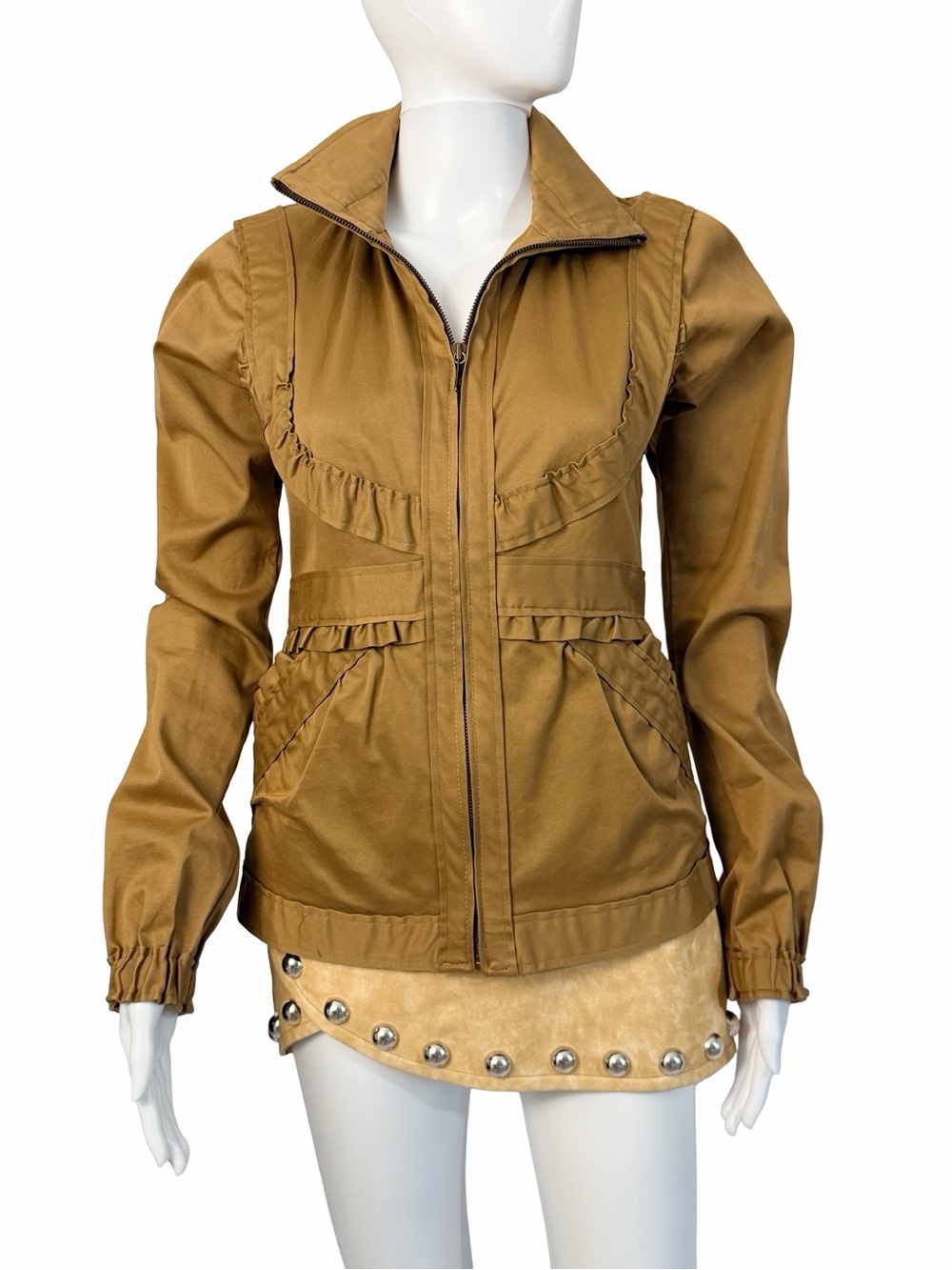 Yves Saint Laurent Camel Utility Jacket with Ruffle Trim